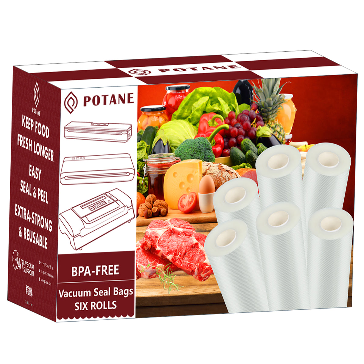 POTANE 6 Pack 11x20'(3Rolls) and 8x20' (3Rolls)Thickened Vacuum Sealer  Bags , Smell-Proof, Puncture Prevention, Heavy duty for POTANE, Food Saver